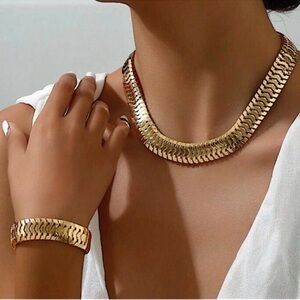 18k Gold Plated Necklace Bracelet Set, Two Piece Set, Exaggerated